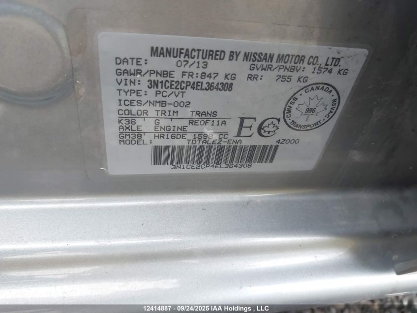 2014 Nissan Versa Note 1.6 S/1.6 Sl/1.6 Sv VIN: 3N1CE2CP4EL364308 Lot: 12414887