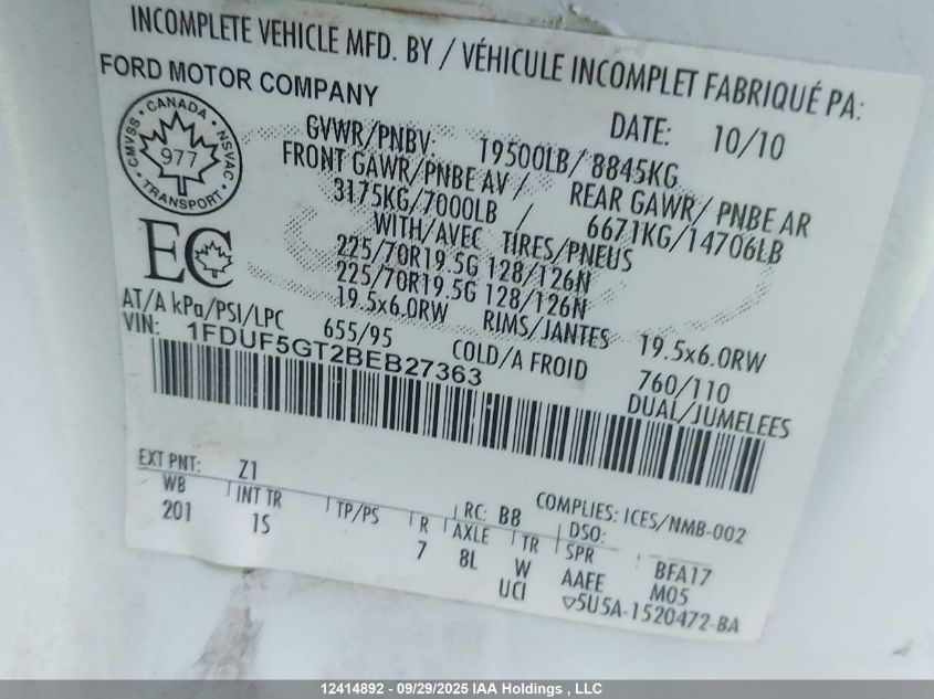 2011 Ford F550 Super Duty VIN: 1FDUF5GT2BEB27363 Lot: 12414892