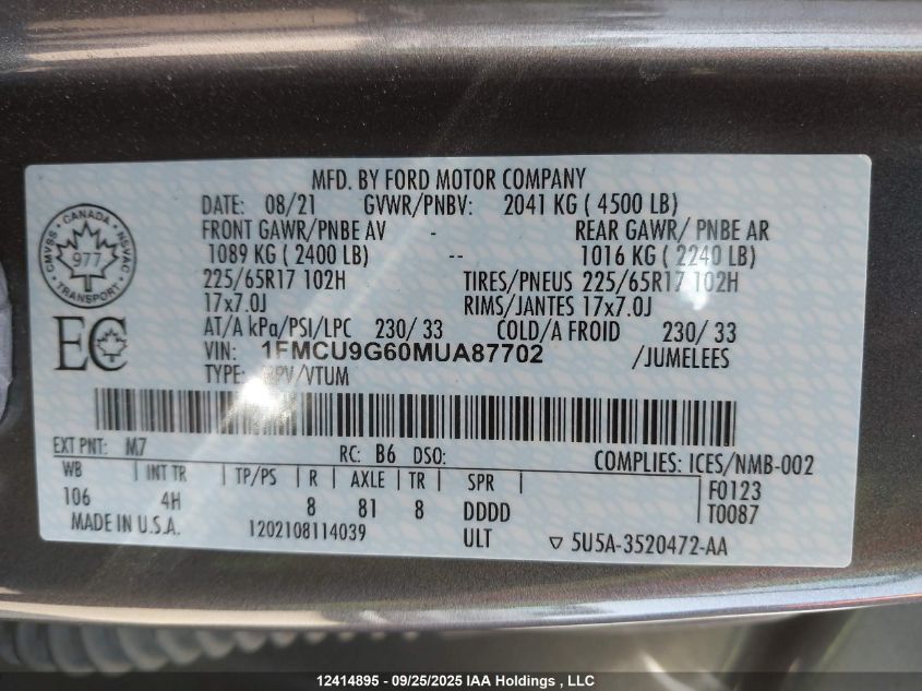 2021 Ford Escape Se VIN: 1FMCU9G60MUA87702 Lot: 12414895