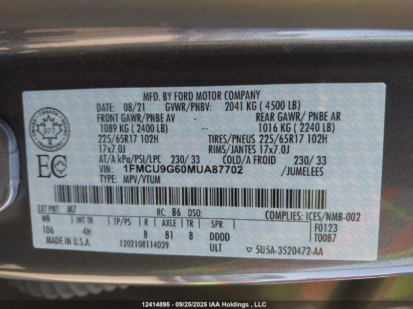 2021 Ford Escape Se VIN: 1FMCU9G60MUA87702 Lot: 12414895