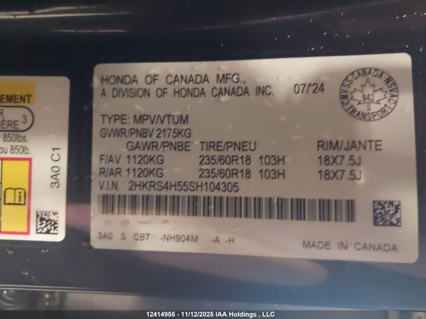 2025 Honda Cr-V Sport VIN: 2HKRS4H55SH104305 Lot: 12414955