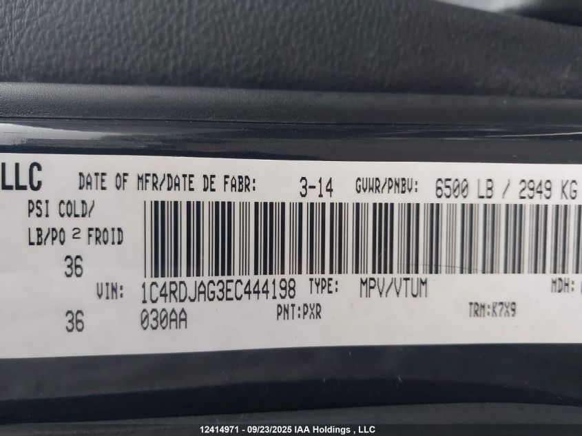 2014 Dodge Durango Sxt VIN: 1C4RDJAG3EC444198 Lot: 12414971