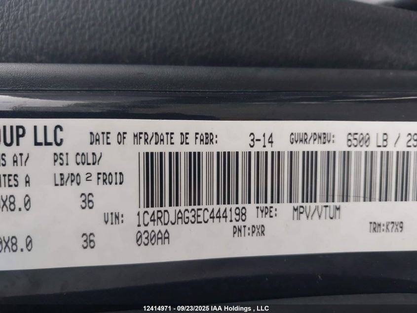 2014 Dodge Durango Sxt VIN: 1C4RDJAG3EC444198 Lot: 12414971