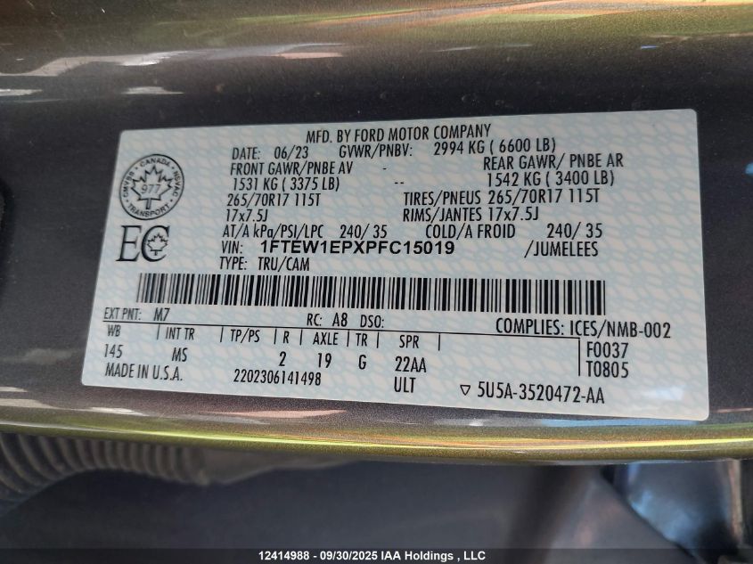 2023 Ford F-150 Xlt VIN: 1FTEW1EPXPFC15019 Lot: 12414988