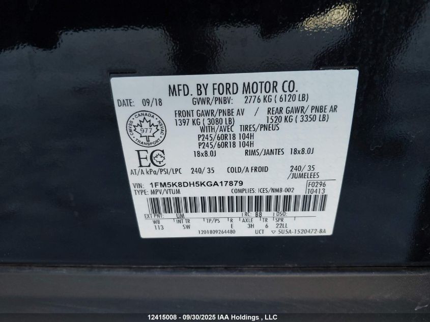 2019 Ford Explorer VIN: 1FM5K8DH5KGA17879 Lot: 12415008