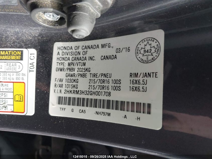 2016 Honda Cr-V Lx VIN: 2HKRM3H32GH001708 Lot: 12415015