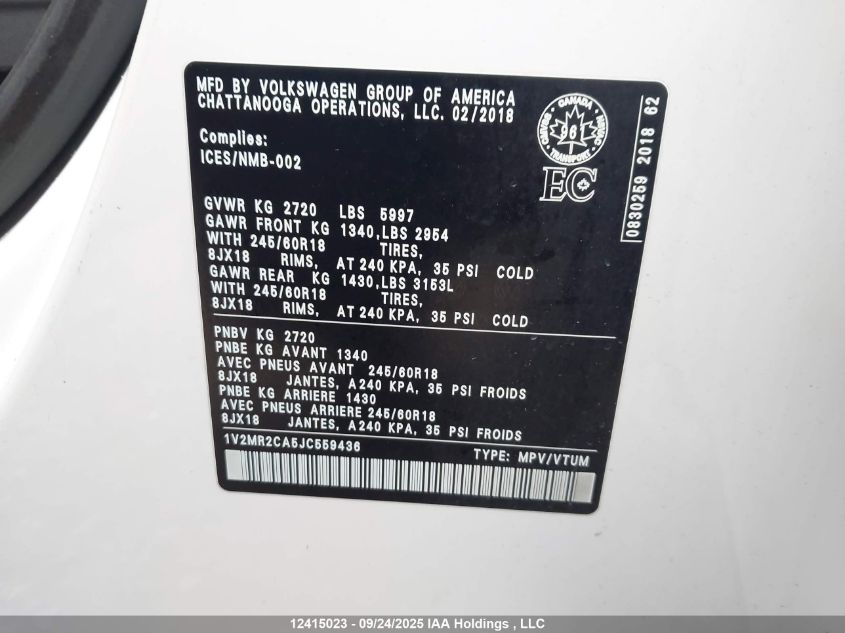 2018 Volkswagen Atlas 3.6 Fsi Highline VIN: 1V2MR2CA5JC559436 Lot: 12415023