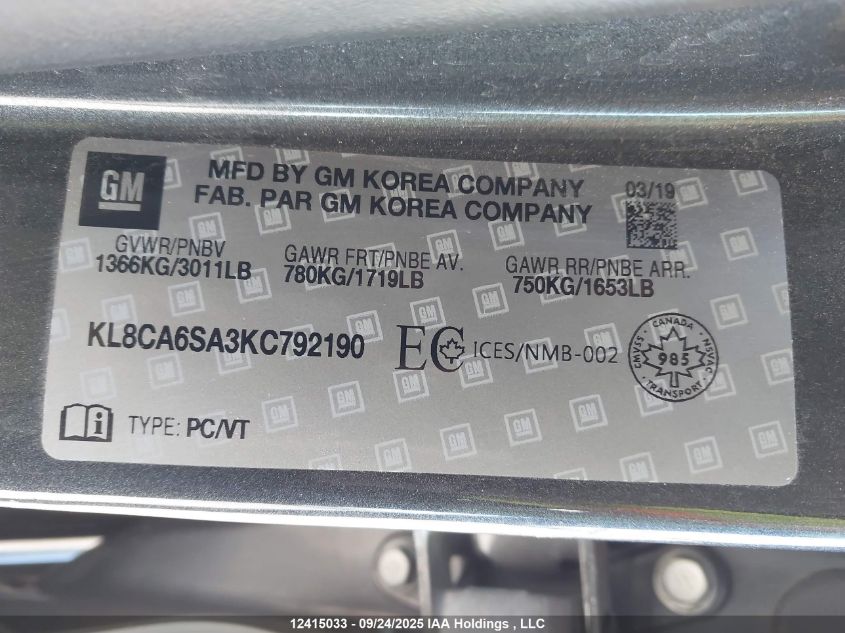 2019 Chevrolet Spark Ls VIN: KL8CA6SA3KC792190 Lot: 12415033