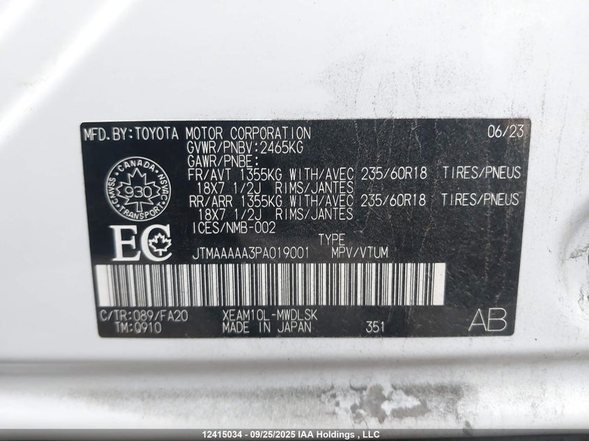 2023 Toyota Bz4X VIN: JTMAAAAA3PA019001 Lot: 12415034