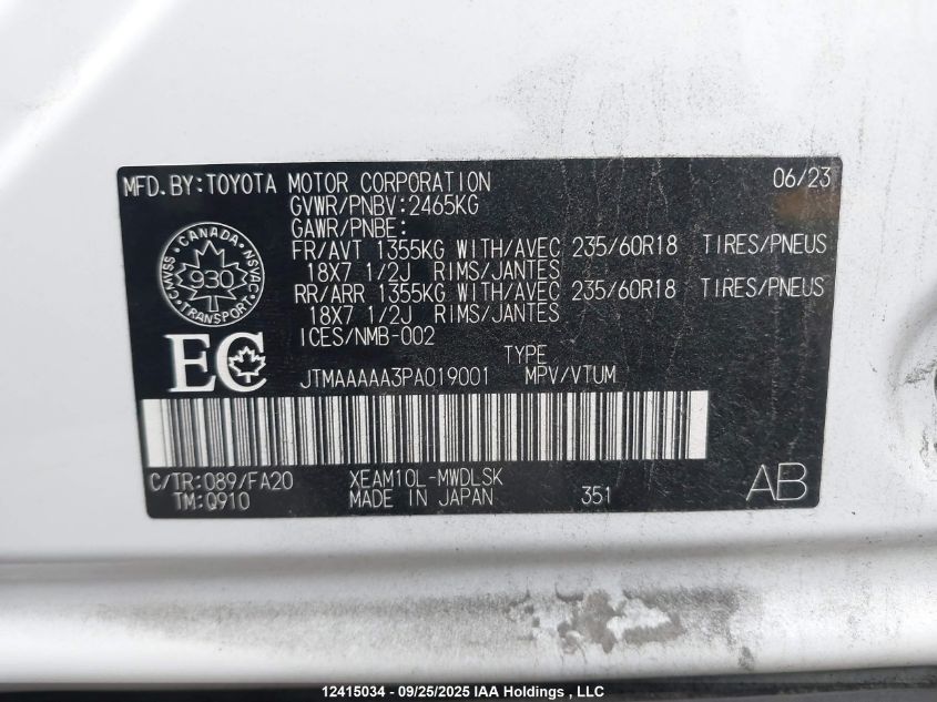 2023 Toyota Bz4X VIN: JTMAAAAA3PA019001 Lot: 12415034