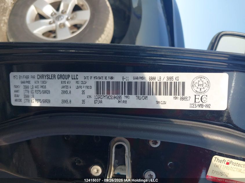 2012 Ram 1500 Sport VIN: 1C6RD7MT0CS104285 Lot: 12415037