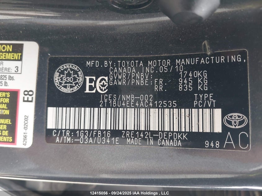 2010 Toyota Corolla Ce VIN: 2T1BU4EE4AC412535 Lot: 12415056