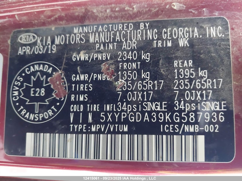 5XYPGDA39KG587936 2019 KIA SORENTO photo no. 18