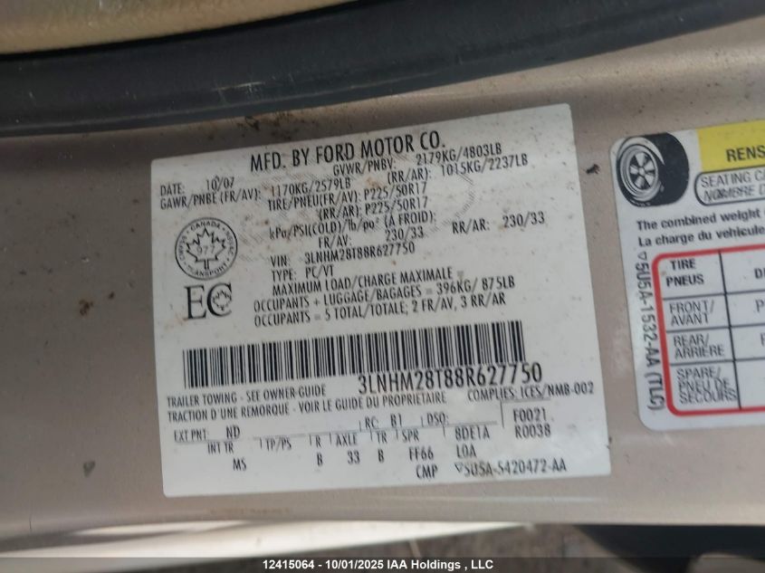 2008 Lincoln Mkz VIN: 3LNHM28T88R627750 Lot: 12415064