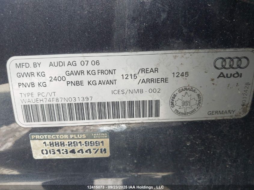 2007 Audi A6 S-Line Quattro VIN: WAUEH74F87N031397 Lot: 12415073
