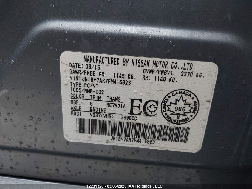 2015 Infiniti Q50 VIN: JN1BV7AR7FM415823 Lot: 12231326X