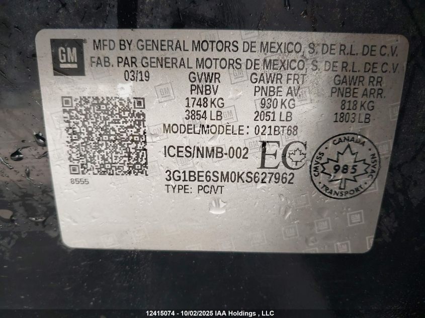 2019 Chevrolet Cruze Lt VIN: 3G1BE6SM0KS627962 Lot: 12415074