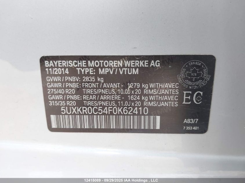 2015 BMW X5 xDrive35I VIN: 5UXKR0C54F0K62410 Lot: 12415089