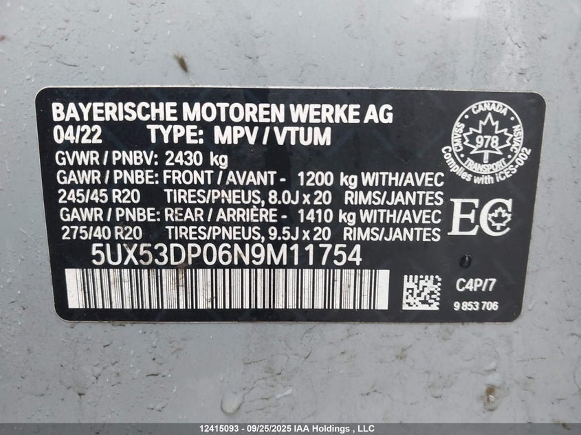 2022 BMW X3 xDrive30I VIN: 5UX53DP06N9M11754 Lot: 12415093