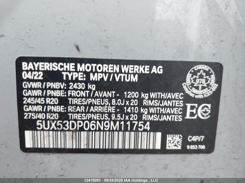 2022 BMW X3 xDrive30I VIN: 5UX53DP06N9M11754 Lot: 12415093
