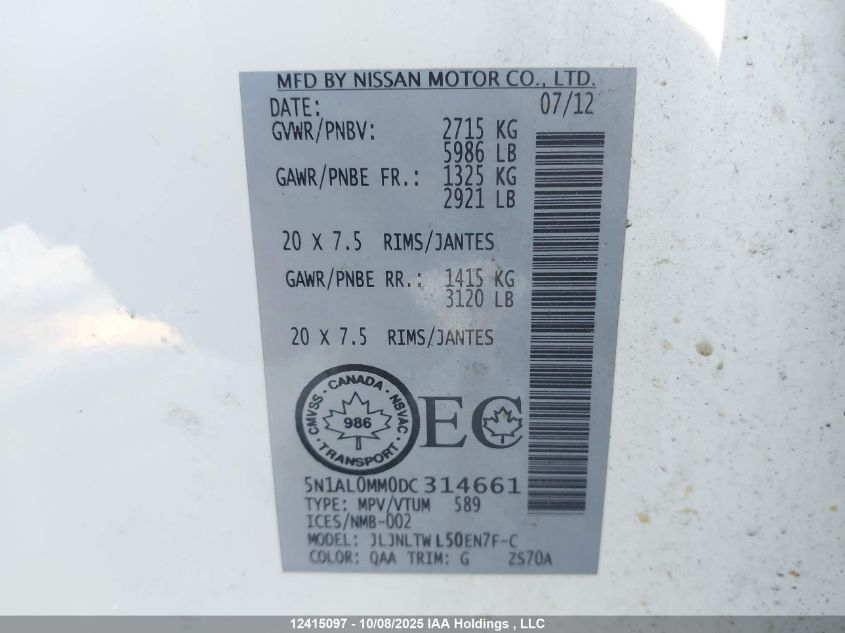 2013 Infiniti Jx35 VIN: 5N1AL0MM0DC317661 Lot: 12415097