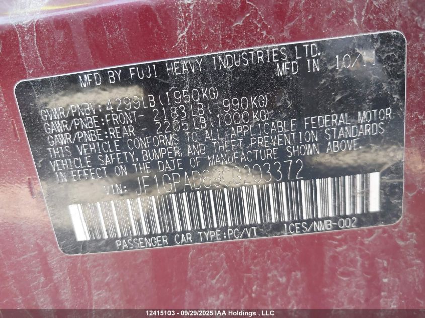 2012 Subaru Impreza VIN: JF1GPAD69CG203372 Lot: 12415103