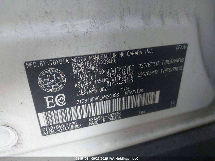 2020 Toyota Rav4 Le VIN: 2T3B1RFV6LW120186 Lot: 12415106