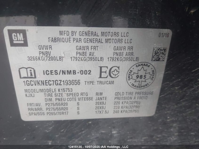 2016 Chevrolet Silverado K1500/K1500 Ls VIN: 1GCVKNEC7GZ193656 Lot: 12415135