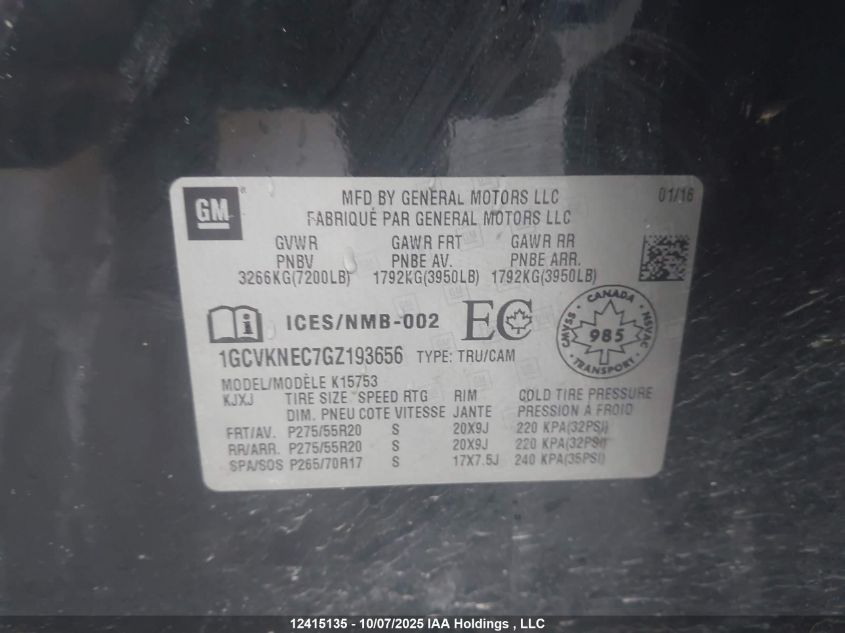 2016 Chevrolet Silverado K1500/K1500 Ls VIN: 1GCVKNEC7GZ193656 Lot: 12415135