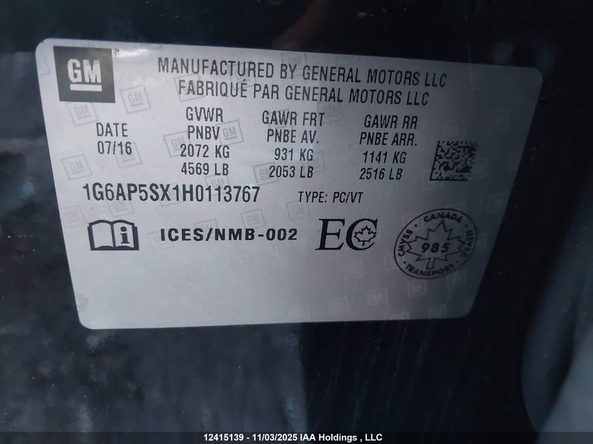 2017 Cadillac Cts VIN: 1G6AP5SX1H0113767 Lot: 12415139
