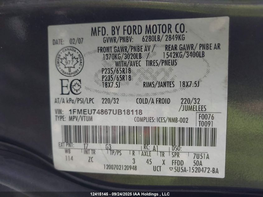 2007 Ford Explorer Eddie Bauer VIN: 1FMEU74867UB18118 Lot: 12415145