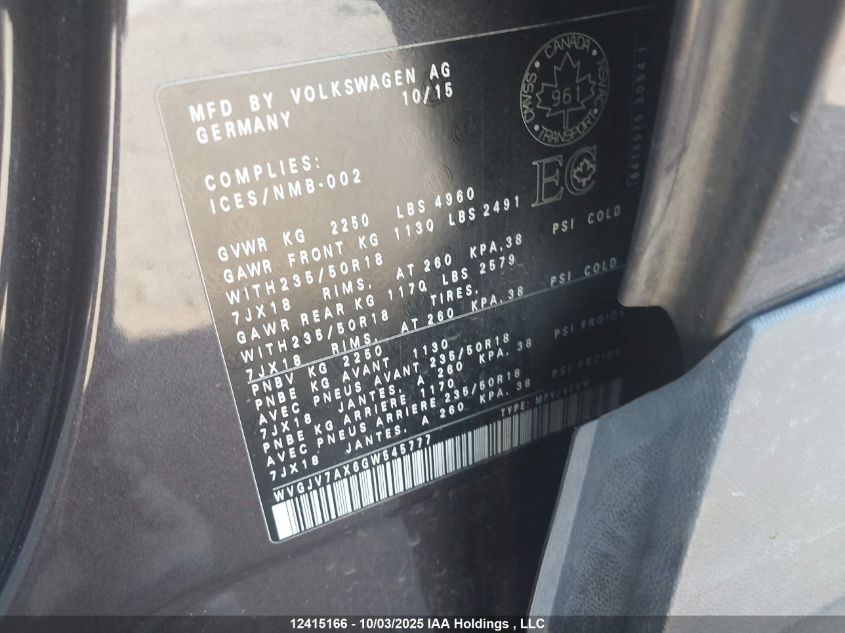 2016 Volkswagen Tiguan Comfortline/Highline/Special Edition VIN: WVGJV7AX6GW545777 Lot: 12415166