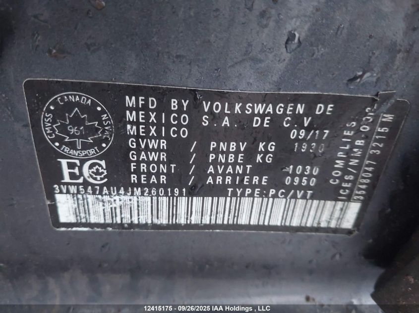 2018 Volkswagen Gti S/Se/Autobahn VIN: 3VW547AU4JM260191 Lot: 12415175