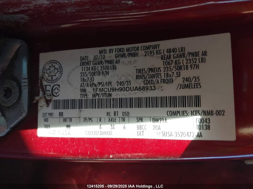 2013 Ford Escape Sel VIN: 1FMCU9H90DUA68933 Lot: 12415205