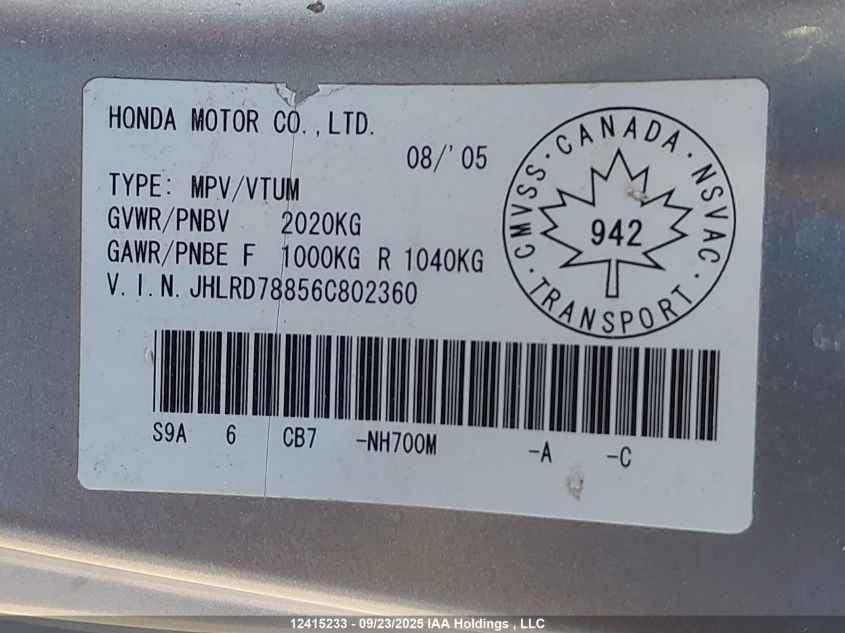 2006 Honda Cr-V Ex VIN: JHLRD78856C802360 Lot: 12415233