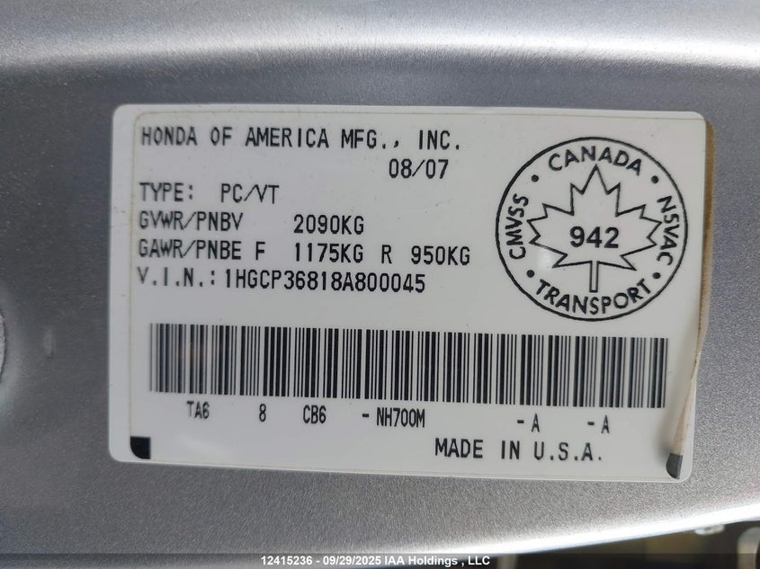 1HGCP36818A800045 2008 HONDA ACCORD photo no. 9