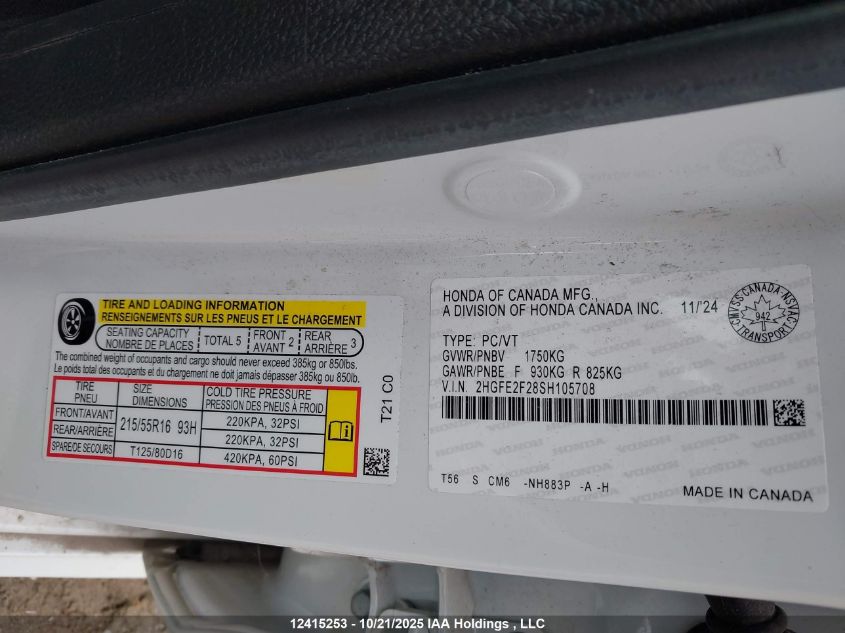 2025 Honda Civic Lx VIN: 2HGFE2F28SH105708 Lot: 12415253