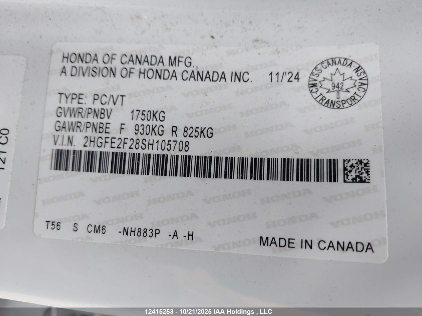 2025 Honda Civic Lx VIN: 2HGFE2F28SH105708 Lot: 12415253