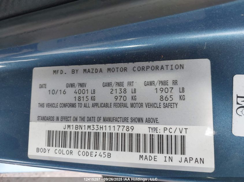 2017 Mazda 3 Grand Touring VIN: JM1BN1M33H1117789 Lot: 12415257