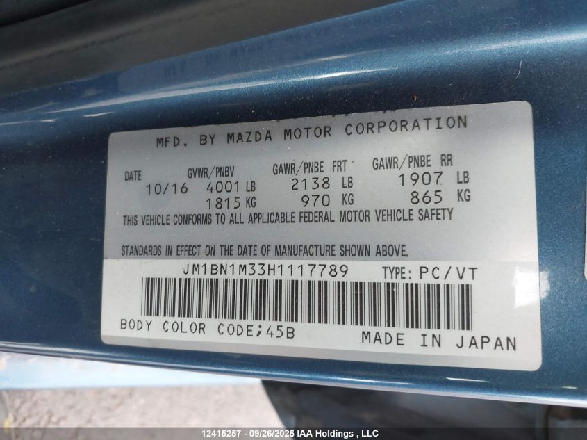 2017 Mazda 3 Grand Touring VIN: JM1BN1M33H1117789 Lot: 12415257