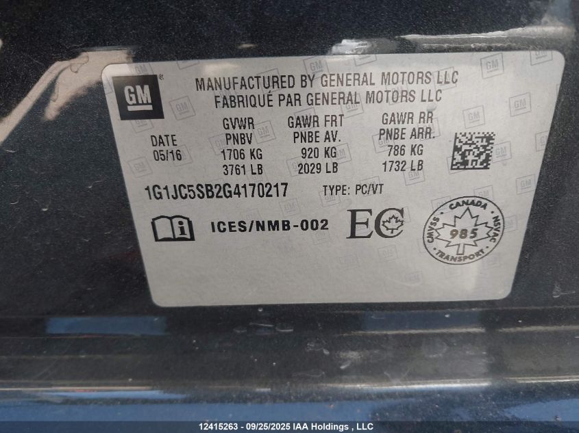 2016 Chevrolet Sonic Lt Auto VIN: 1G1JC5SB2G4170217 Lot: 12415263