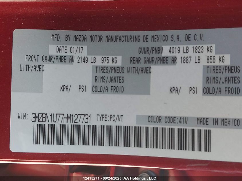 2017 Mazda Mazda3 Gx VIN: 3MZBN1U77HM127731 Lot: 12415271