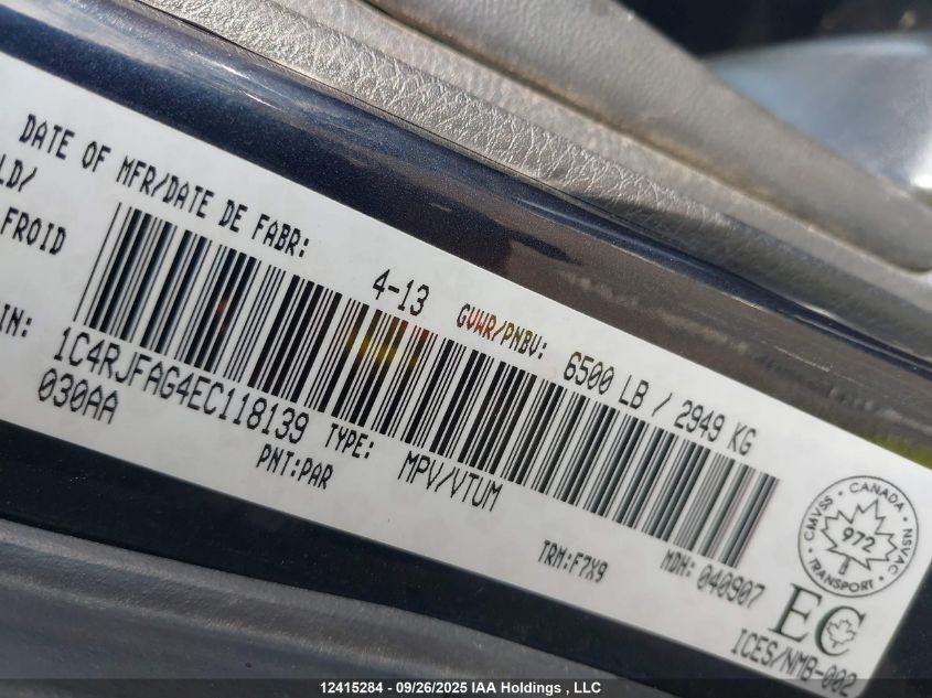 2014 Jeep Grand Cherokee Laredo VIN: 1C4RJFAG4EC118139 Lot: 12415284