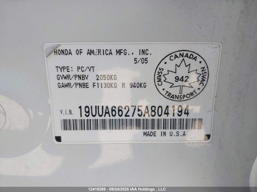 2005 Acura Tl VIN: 19UUA66275A804194 Lot: 12415288