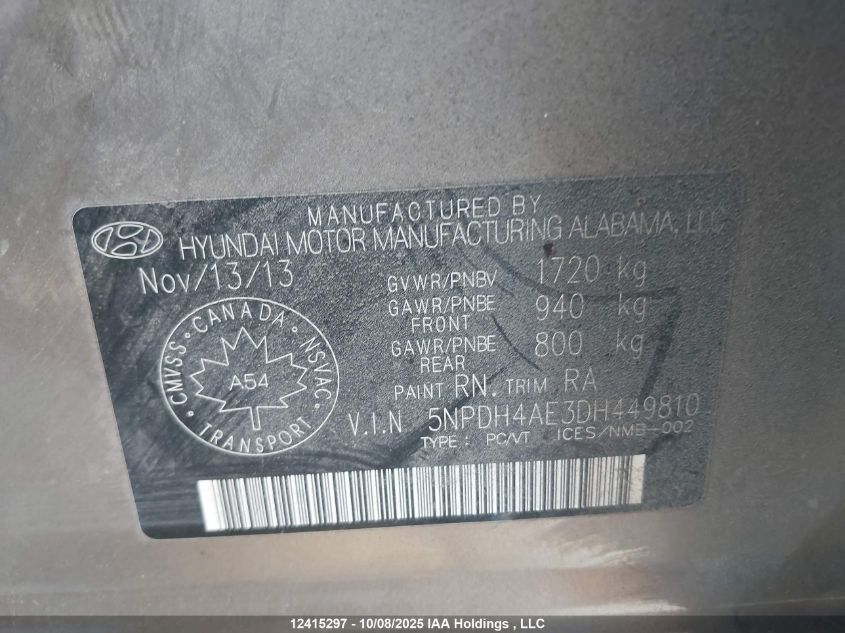 2013 Hyundai Elantra Gls/Limited VIN: 5NPDH4AE3DH449810 Lot: 12415297