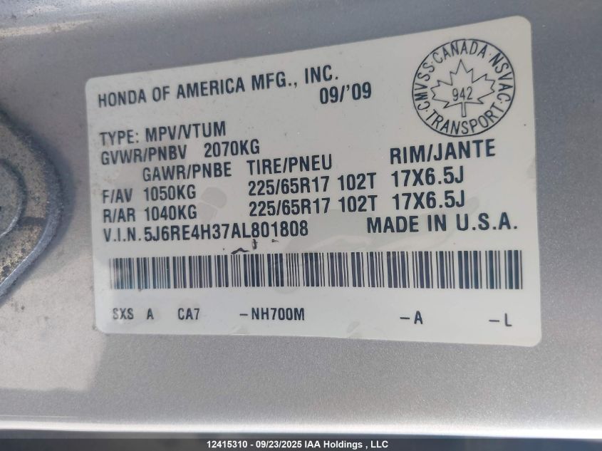 2010 Honda Cr-V Lx VIN: 5J6RE4H37AL801808 Lot: 12415310