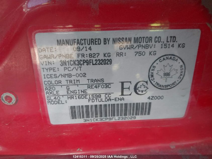 2015 Nissan Micra VIN: 3N1CK3CP9FL232029 Lot: 12415311