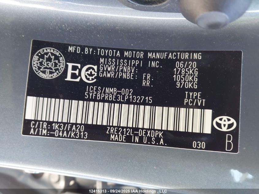 2020 Toyota Corolla VIN: 5YFBPRBE3LP132715 Lot: 12415313