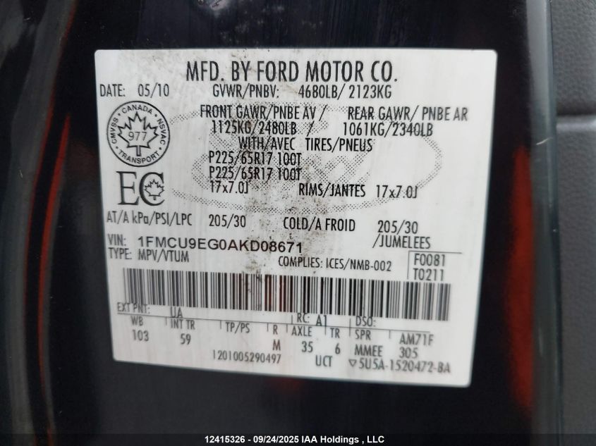 2010 Ford Escape Limited VIN: 1FMCU9EG0AKD08671 Lot: 12415326