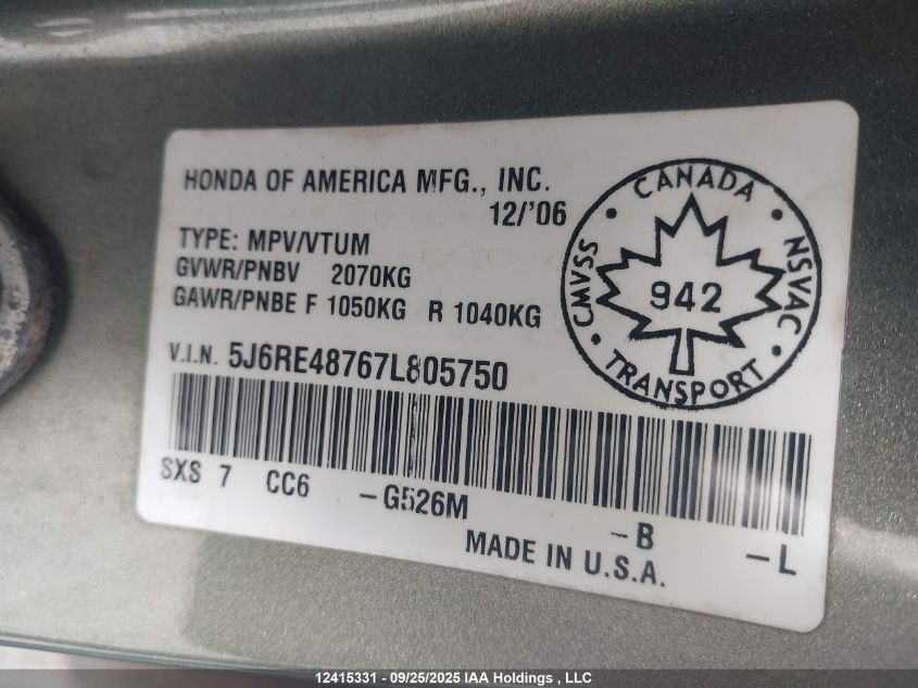 2007 Honda Cr-V Exl VIN: 5J6RE48767L805750 Lot: 12415331